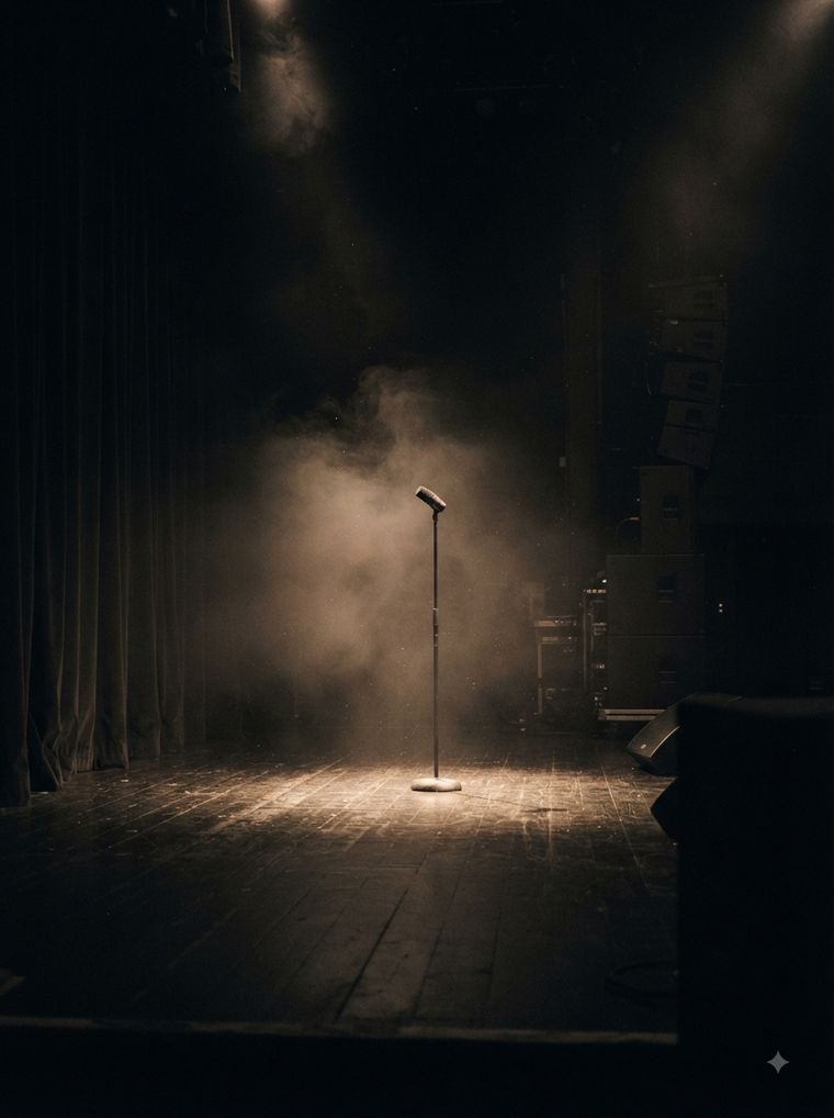Kleine Bühne in einem dunklen Club, eine einzelne Lichtquelle